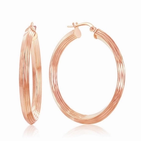 Sterling Silver Rose GP 35mm Designed Hoop Earrings
