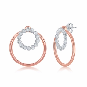 Sterling Silver Rose GP Bezel-Set CZ and Open Circle Earrings
