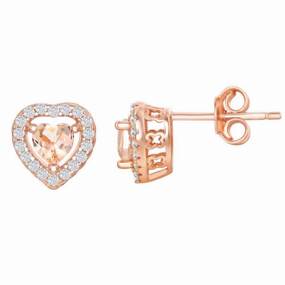 Sterling Silver Rose GP Heart Morganite CZ Stud Earrings