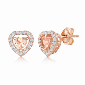 Sterling Silver Rose GP Heart Morganite CZ Stud Earrings