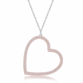 Sterling Silver Rose GP Large Micro Pave Open Heart Necklace