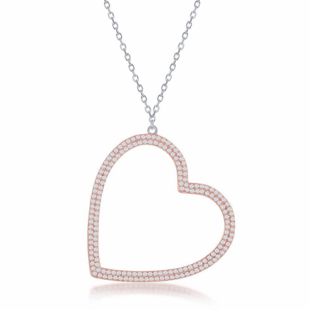 Sterling Silver Rose GP Large Micro Pave Open Heart Necklace