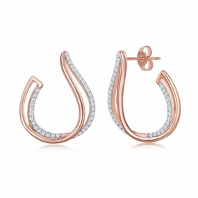 Sterling Silver Rose GP Micro Pave Double J-Design Earrings
