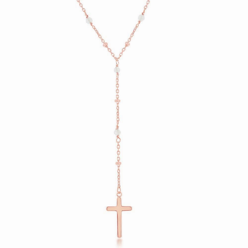 Sterling Silver Rose Quartz & Plain Beads Cross Rosary Necklace
