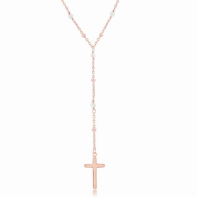 Sterling Silver Rose Quartz & Plain Beads Cross Rosary Necklace