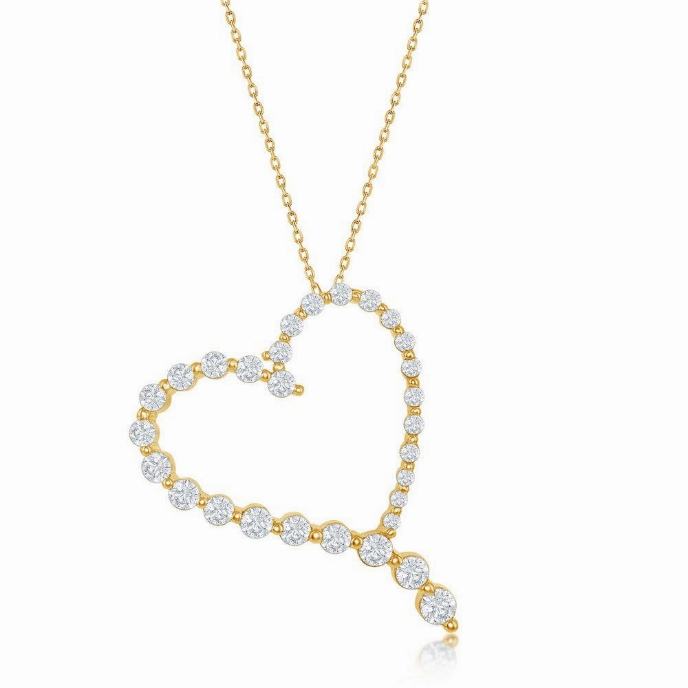 Sterling Silver Roud Graduating CZ Heart Pendant - Gold Plated