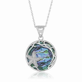 Sterling Silver Round Abalone with Starfish & Filigree Design Pendant