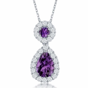 Sterling Silver Round & Teardrop Amethyst Center with White Topaz Border Pendant With chain