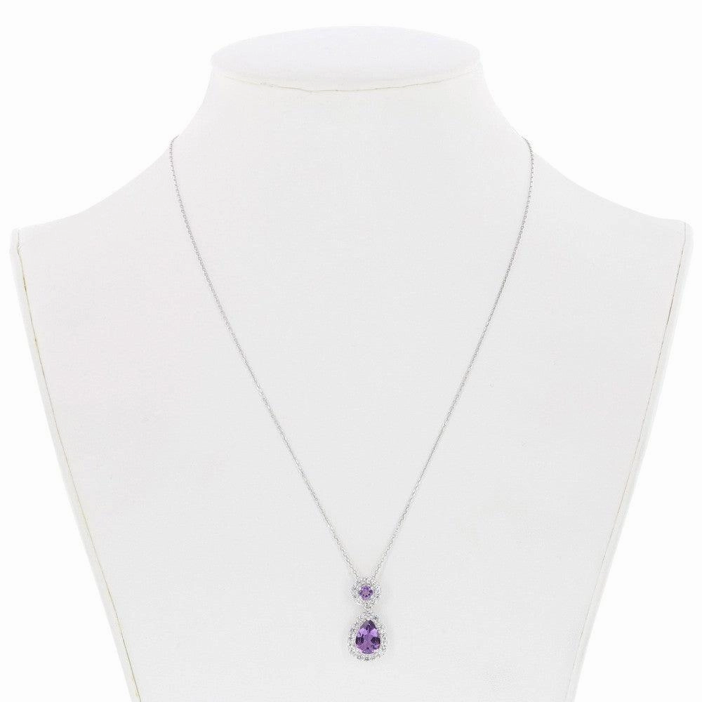 Sterling Silver Round & Teardrop Amethyst Center with White Topaz Border Pendant With chain
