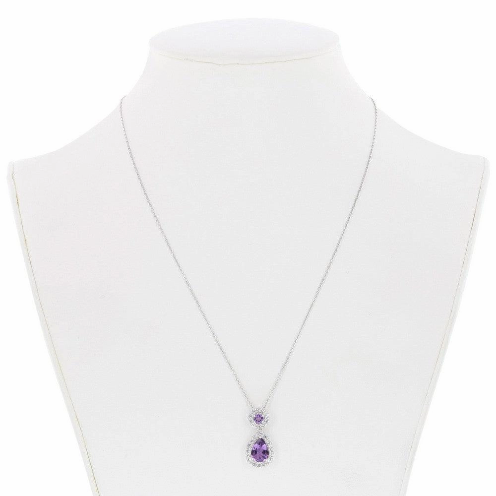 Sterling Silver Round & Teardrop Amethyst Center with White Topaz Border Pendant With chain