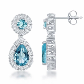 Sterling Silver Round & Teardrop Blue Topaz Center White Topaz Border Earrings