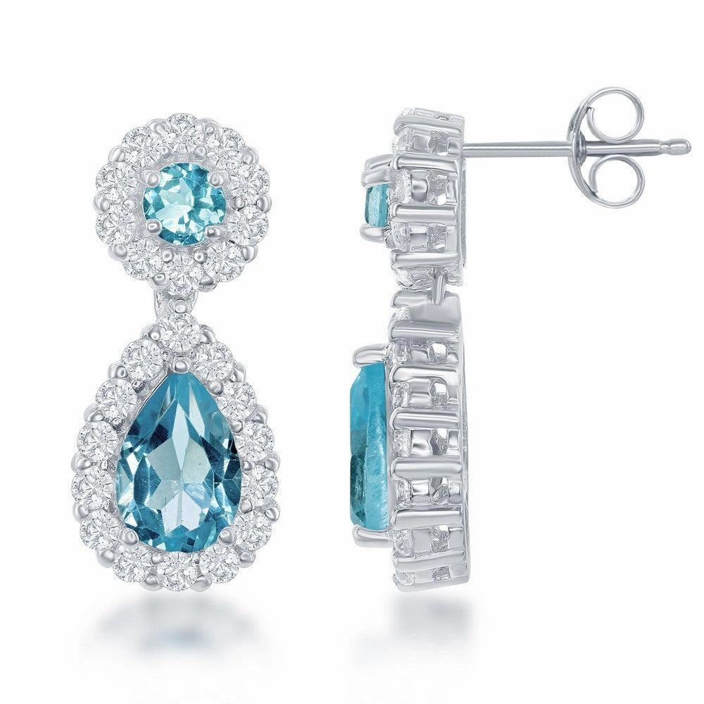 Sterling Silver Round & Teardrop Blue Topaz Center White Topaz Border Earrings