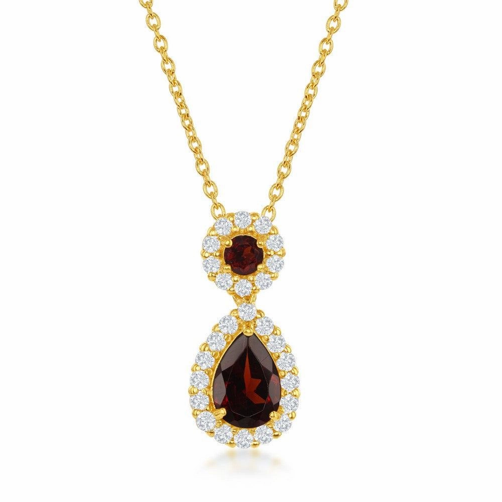 Sterling Silver Round & Teardrop Garnet Center with White Topaz Border Necklace - Gold Plated