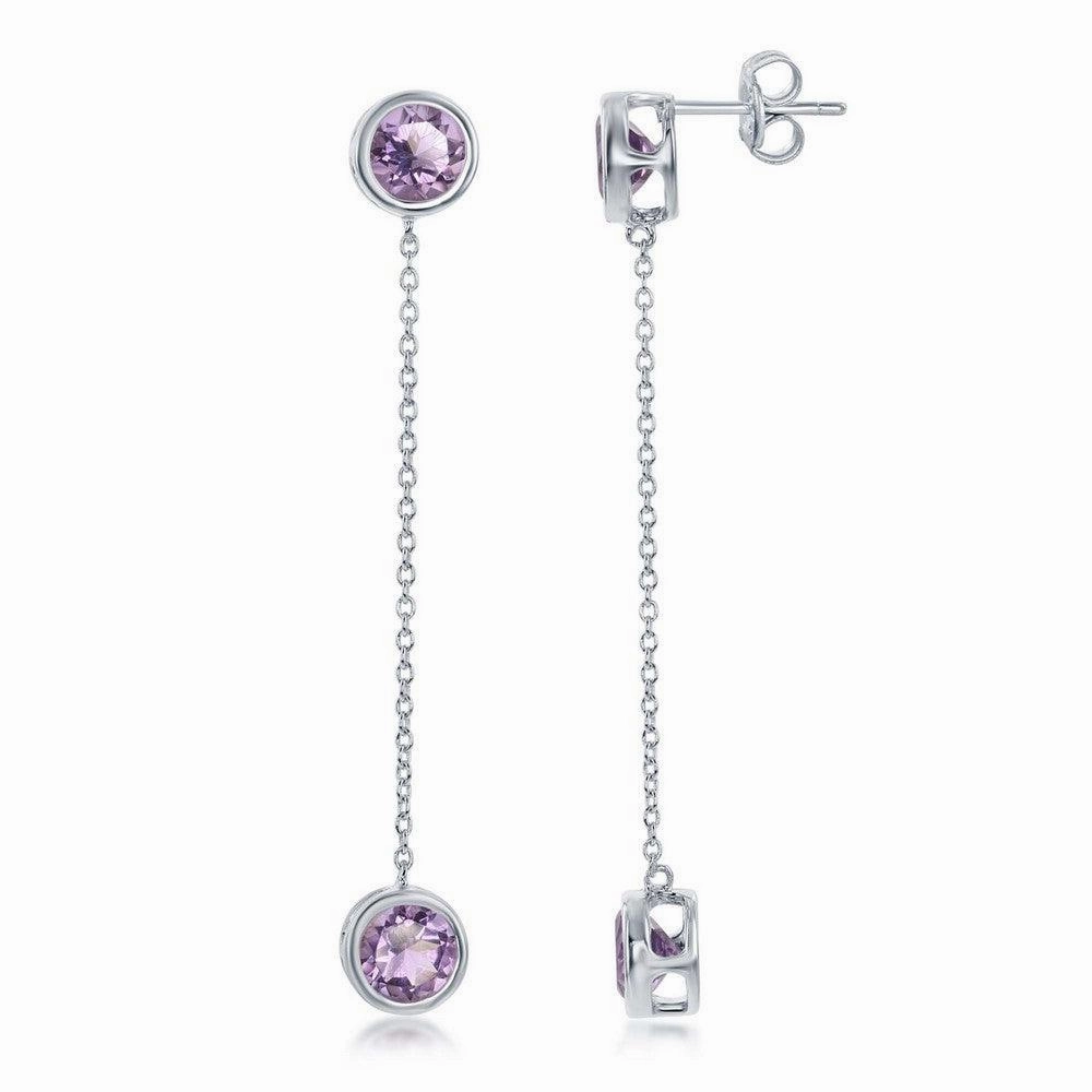 Sterling Silver Round Bezel-Set Amethyst with Hanging Chain Bezel-Set Amethyst Earrings