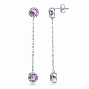 Sterling Silver Round Bezel-Set Amethyst with Hanging Chain Bezel-Set Amethyst Earrings