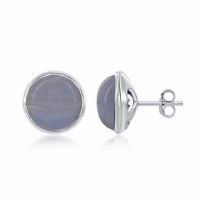 Sterling Silver Round Blue Lace Agate Bezel Set Stud Earrings