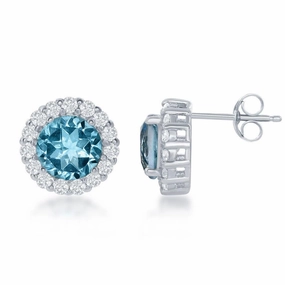 Sterling Silver Round Center Blue Topaz with White Topaz Large Stud Earrings
