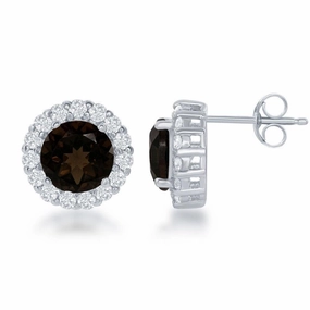 Sterling Silver Round Center Smoky with White Topaz Border Large Stud Earrings