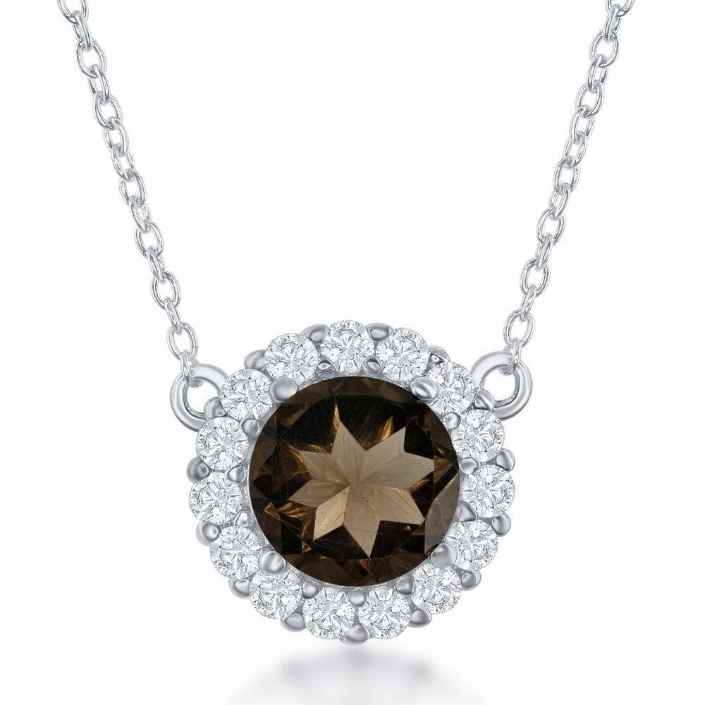 Sterling Silver Round Center Smoky with White Topaz Border Necklace
