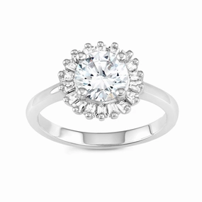 Sterling Silver Round CZ with Baguette Border Ring - W-1395