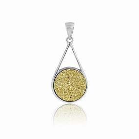 Sterling Silver Round Gold Druzy Teardrop Pendant