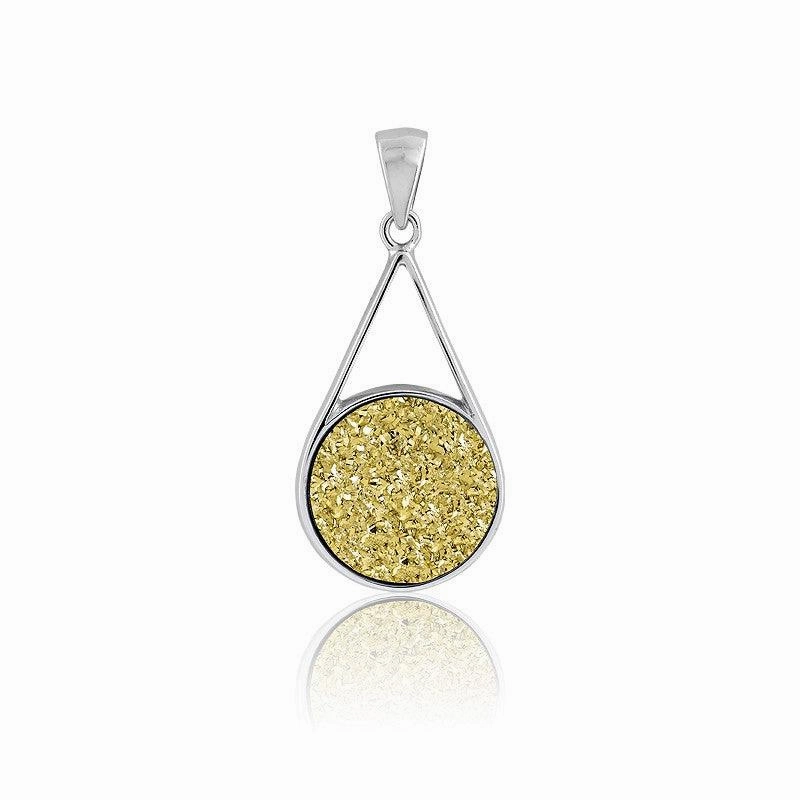 Sterling Silver Round Gold Druzy Teardrop Pendant