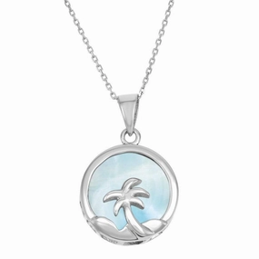 Sterling Silver Round Larimar Palm Tree Pendant