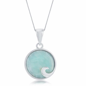 Sterling Silver Round Larimar Wave Design Pendant