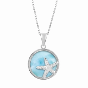 Sterling Silver Round Larimar with Starfish Pendant