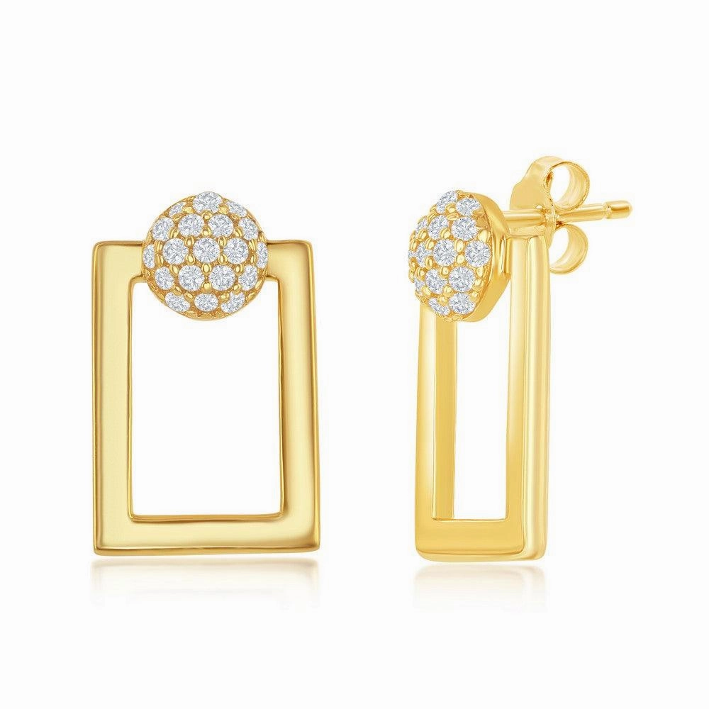 Sterling Silver Round Micro Pave CZ Open Rectangle Pendant & Earrings Set With Chain - Gold Plated