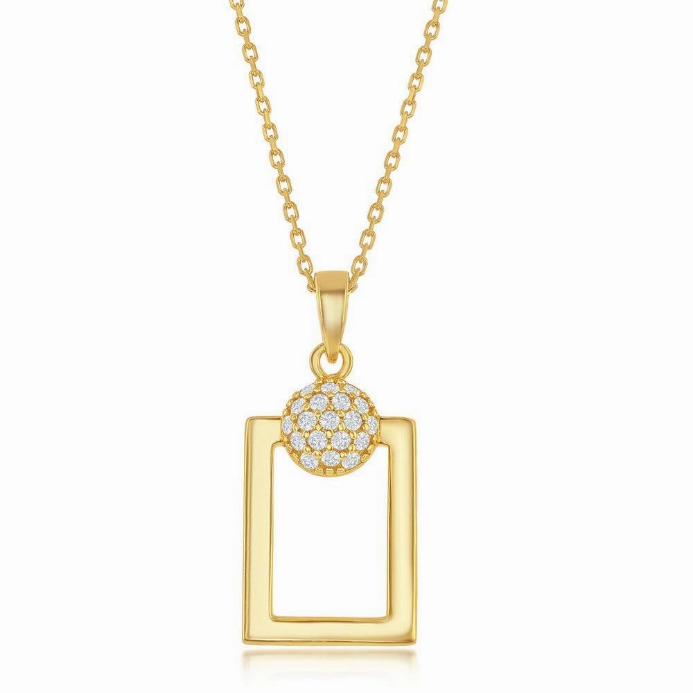 Sterling Silver Round Micro Pave CZ Open Rectangle Pendant & Earrings Set With Chain - Gold Plated