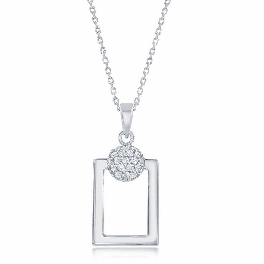 Sterling Silver Round Micro Pave CZ Open Rectangle Pendant & Earrings Set With Chain