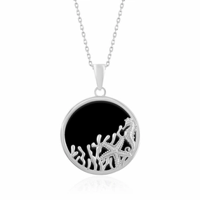 Sterling Silver Round Onyx with Starfish and Seahorse Pendant