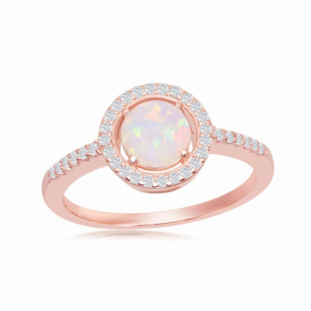 Sterling Silver Round White Opal with CZ Halo Ring - Rose Gold Plated - W-2263