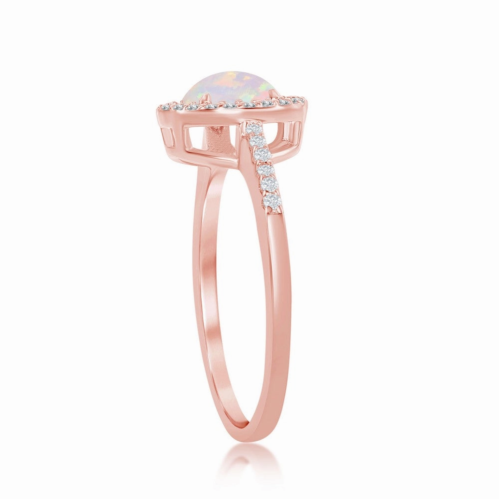 Sterling Silver Round White Opal with CZ Halo Ring - Rose Gold Plated - W-2263