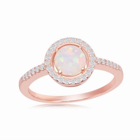Sterling Silver Round White Opal with CZ Halo Ring - Rose Gold Plated - W-2263