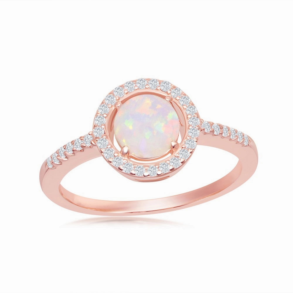 Sterling Silver Round White Opal with CZ Halo Ring - Rose Gold Plated - W-2263