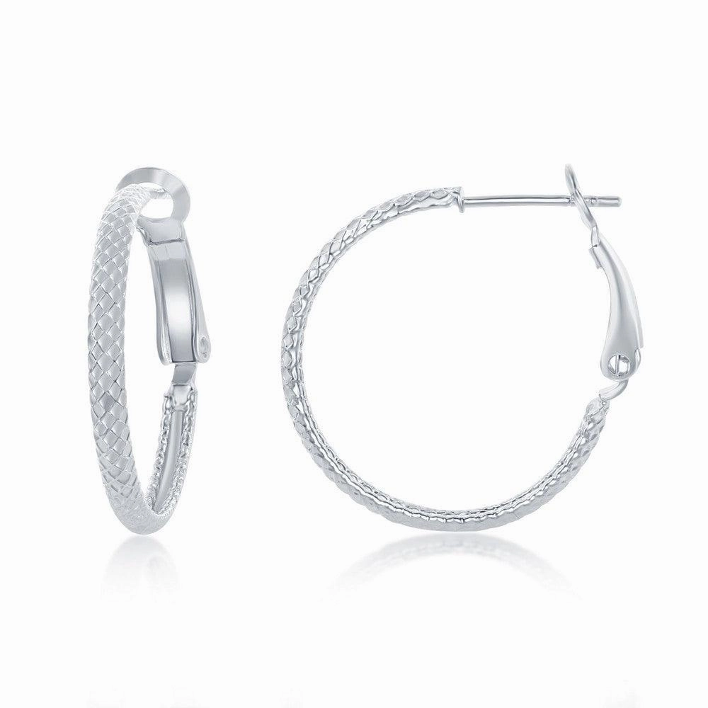 Sterling Silver Rounded Checkered Hoop Earrings, 25 mm