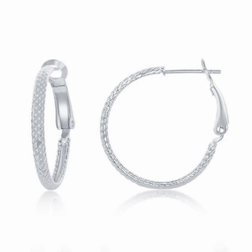 Sterling Silver Rounded Checkered Hoop Earrings, 25 mm