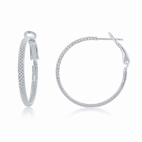 Sterling Silver Rounded Checkered Hoop Earrings, 30 mm