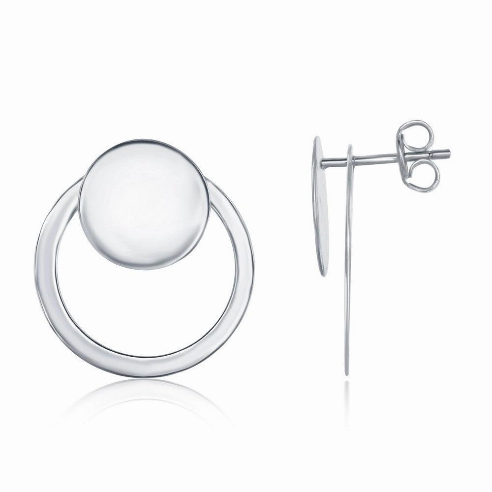 Sterling Silver Shiny Disc with Open Hoop Earrings