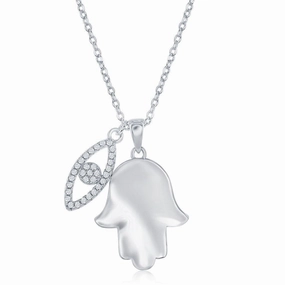 Sterling Silver Shiny Hamsa with CZ Evil Eye Necklace