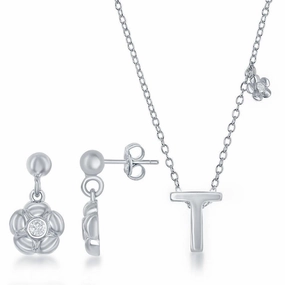 Sterling Silver Shiny "T" Necklace and Earrings Set