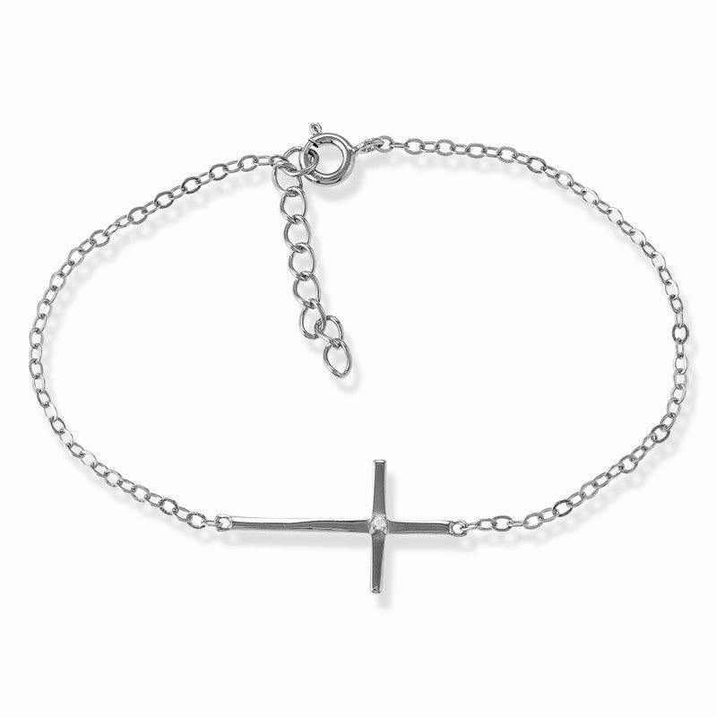 Sterling Silver Sideways Cross Single CZ Bracelet, 7"