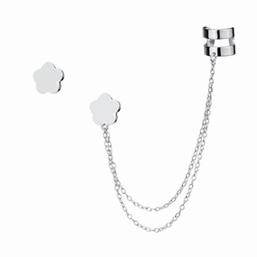 Sterling Silver Single Stud with Cuff Flower Earrings
