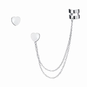 Sterling Silver Single Stud with Cuff Heart Earrings