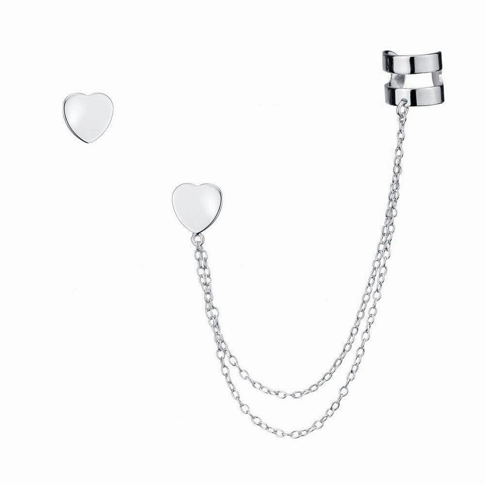Sterling Silver Single Stud with Cuff Heart Earrings