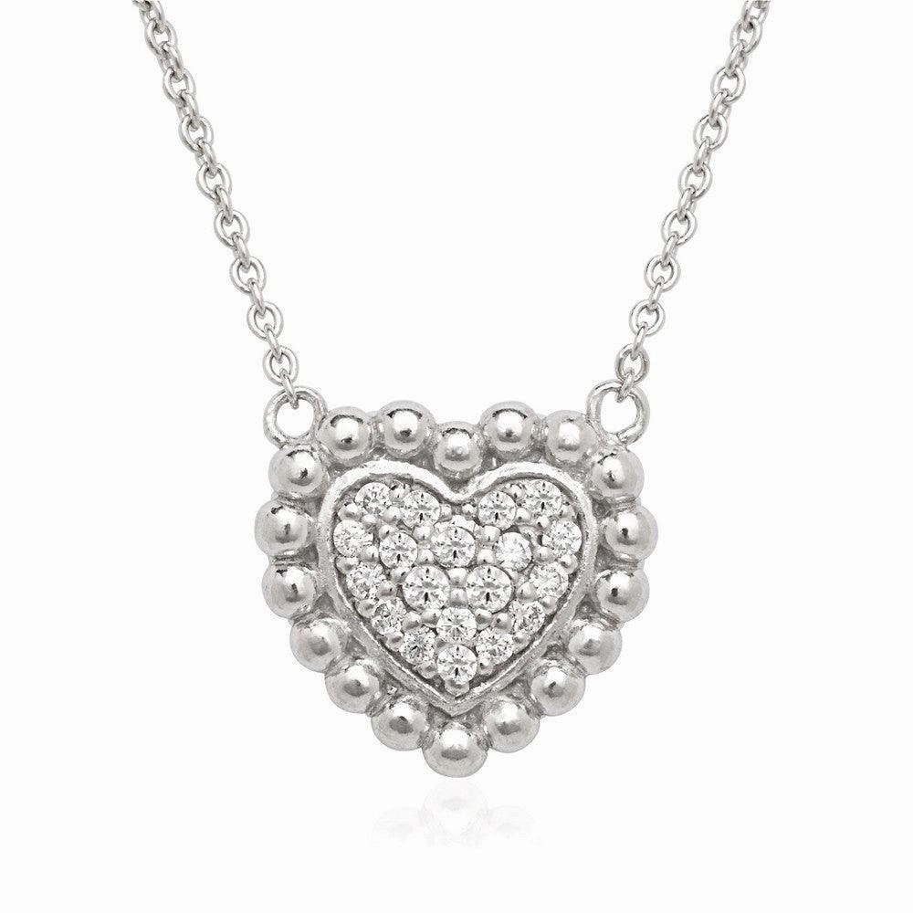 Sterling Silver Small CZ Heart with Beaded Border Necklace