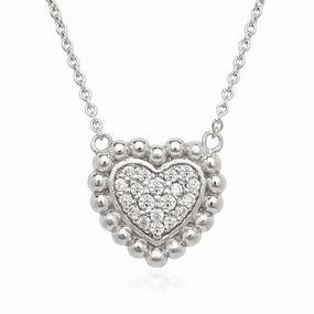 Sterling Silver Small CZ Heart with Beaded Border Necklace