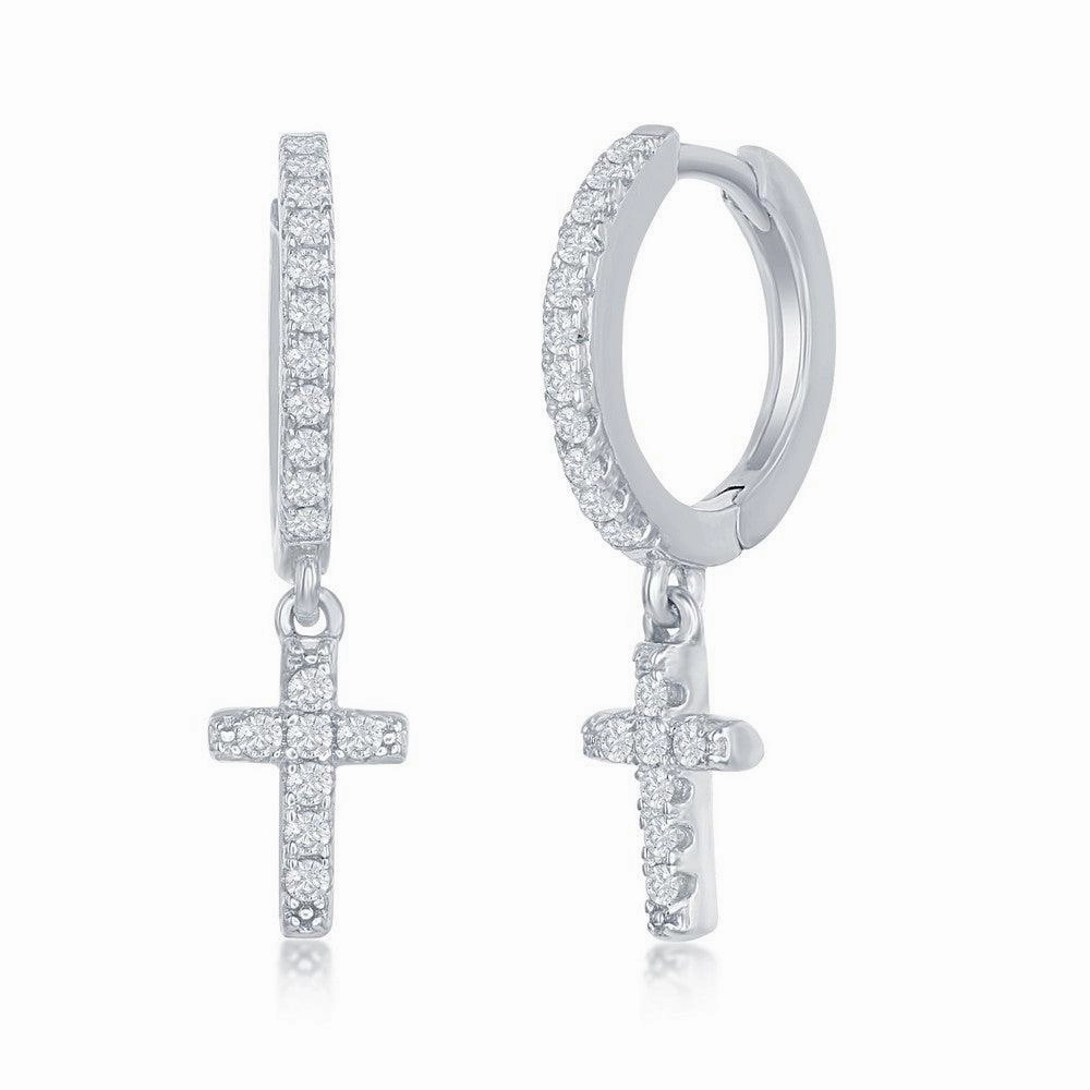 Sterling Silver Small Huggie Hoop CZ Cross Earrings